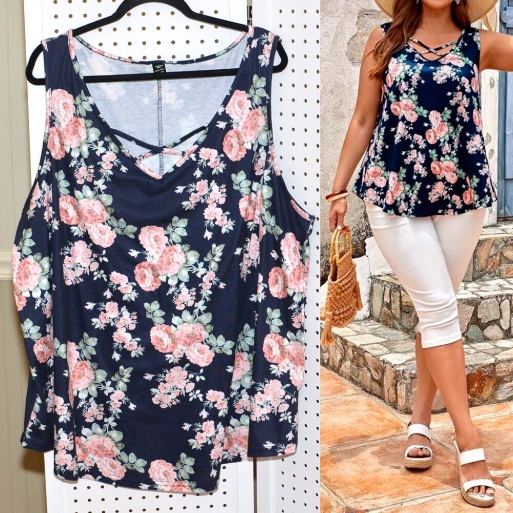 Plus Size 24/26 6X Shein Curve Vintage Floral on Navy Cross Strap Tank Top